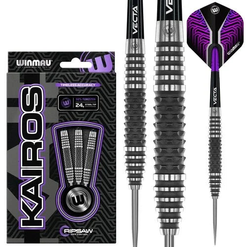 Steel tip tungsten darts set with ripsaw grip barrels, purple and black flights, close-up of grip detail, and retail packaging