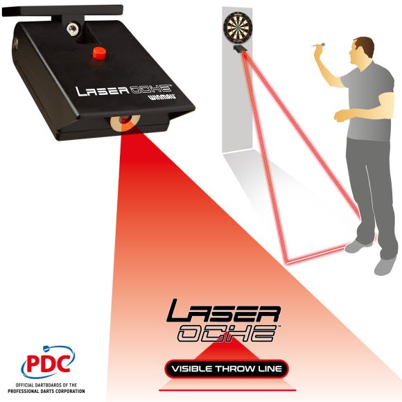 Laser oche device projecting a red laser throw line, with diagram of setup on darts board and player for accurate oche placement.