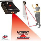 Laser oche device projecting a red laser throw line, with diagram of setup on darts board and player for accurate oche placement.