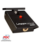Angled view of Laser Oche dart line projector isolated on white, showing red power button and mounting bracket for dartboard setup