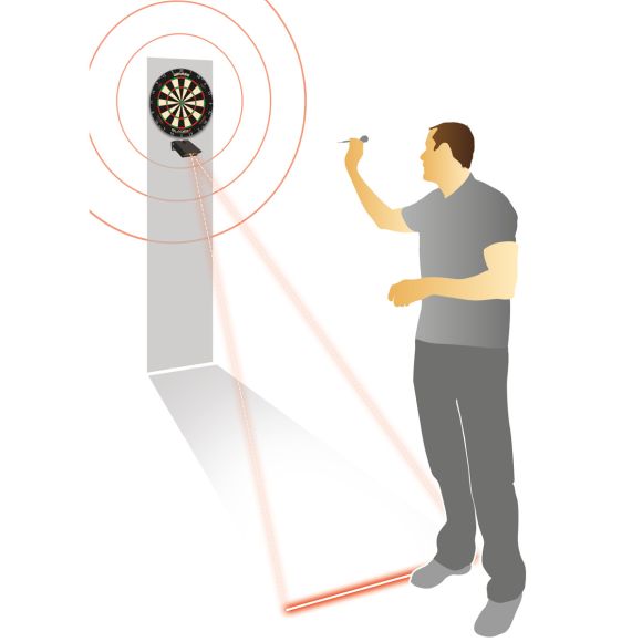 Darts player standing at projected laser throw line with laser oche pointing from dartboard, showing proper stance for dart setup