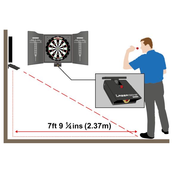 Side-view diagram of dartboard setup with laser oche projecting throw line, close-up inset of laser device, and 2.37m distance marker