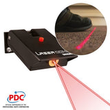 Laser oche device angled view projecting red dart throw line, inset shows laser line on floor with foot for darts setup reference