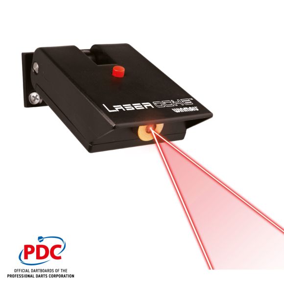 Angled view of Laser Oche dart throw line marker projecting red laser guide, isolated on white background for dartboard setup