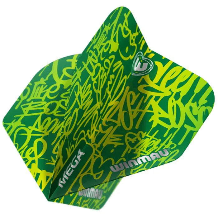 Close-up angled view of green mega standard dart flight with yellow graffiti pattern, showing texture and edge detail