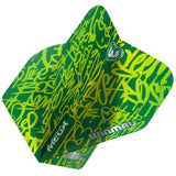 Close-up angled view of green mega standard dart flight with yellow graffiti pattern, showing texture and edge detail