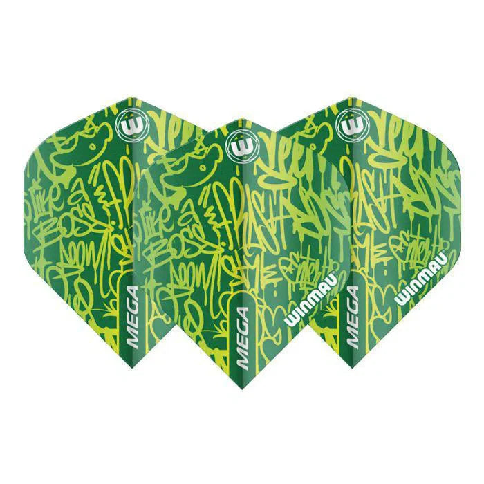 Three green mega standard dart flights with yellow graffiti design, displayed front-facing on white background for dart accessories