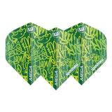 Three green mega standard dart flights with yellow graffiti design, displayed front-facing on white background for dart accessories