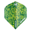 Green mega standard dart flight with yellow graffiti pattern, isolated on white background highlighting artwork and flight shape