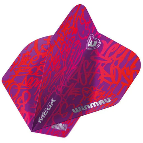 Angled close-up of purple mega standard dart flight with red graffiti pattern, showing design detail and durable flight shape