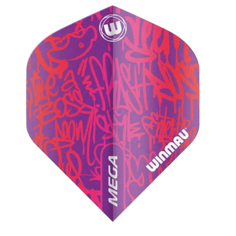 Purple Mega Standard dart flight with vibrant graffiti design, single unfolded piece, isolated on white background