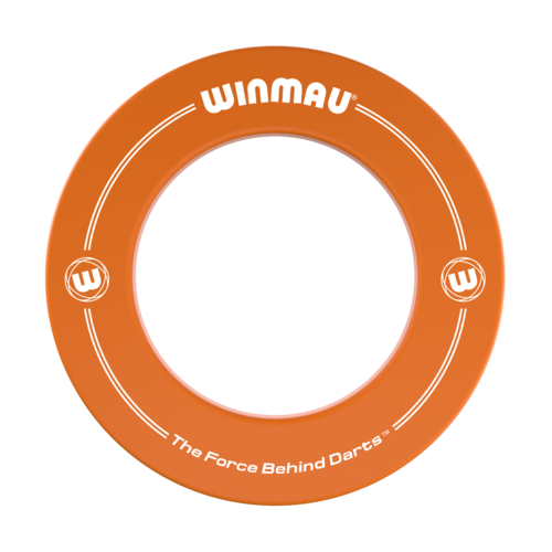 Orange dartboard surround ring isolated on white, full view displaying Winmau logo and The Force Behind Darts for dartboard protection