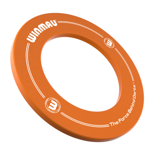 Orange dartboard surround ring with logo and slogan, angled view on white background for dartboard protection