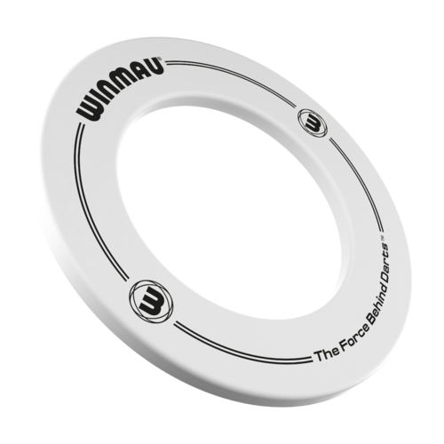White professional dartboard surround in angled view with Winmau logo, black print details, and protective ring design for darts