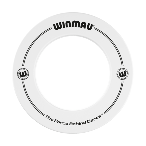 White dartboard surround ring top-down view with printed logo, circular design, and text for professional dartboard protection