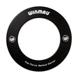 Black professional dartboard surround with printed logos and slogan, top-down view, isolated on white background