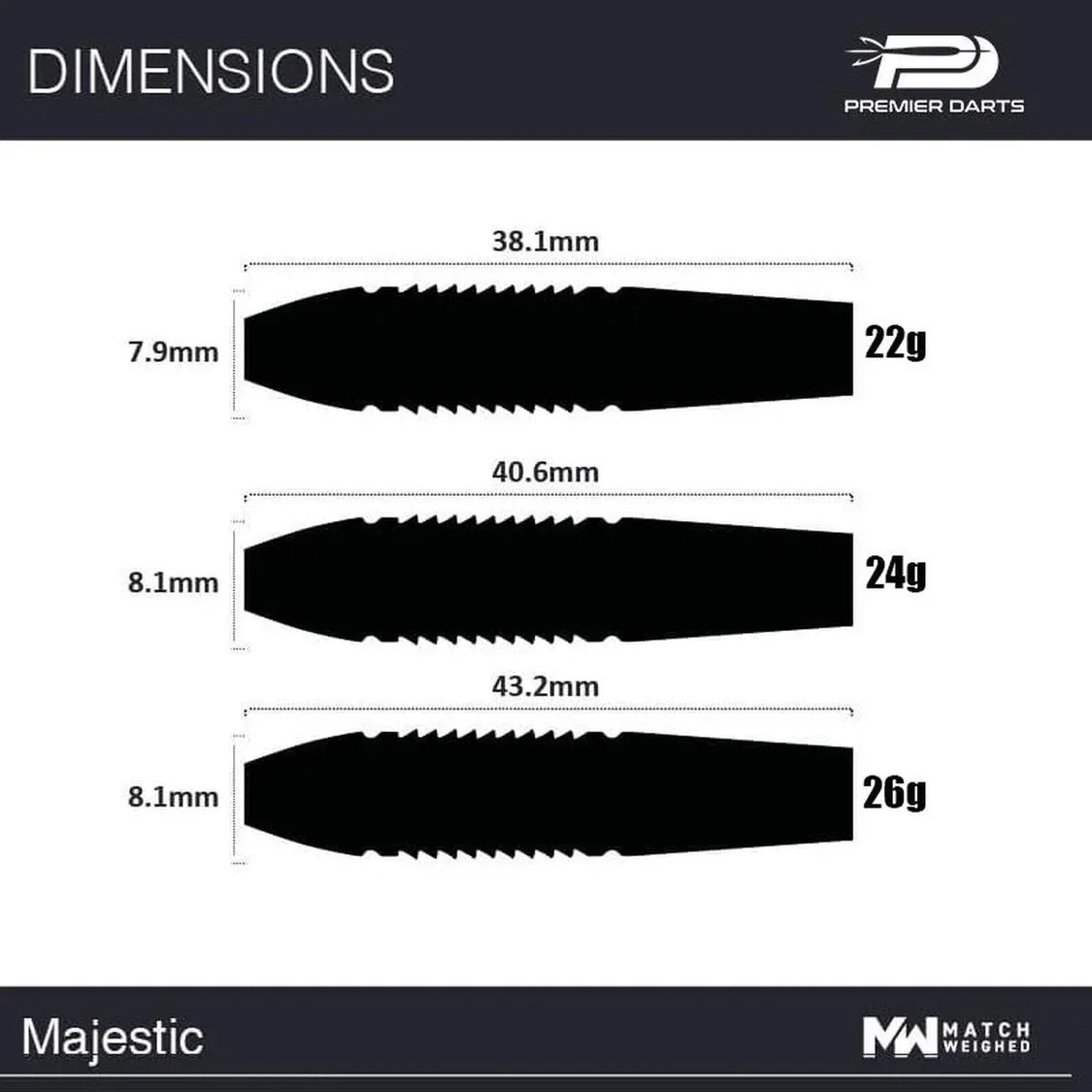 Winmau Majestic dart diagram – 22g, 24g and 26g torpedo barrel profiles with length and diameter measurements