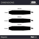 Winmau Majestic dart diagram – 22g, 24g and 26g torpedo barrel profiles with length and diameter measurements