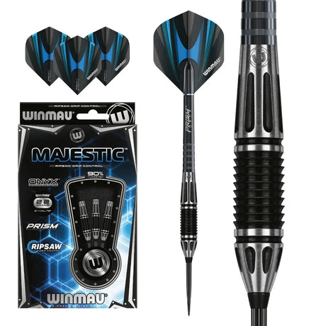Winmau Majestic 90% tungsten darts – retail packaging with Ripsaw grip torpedo barrel and blue flights