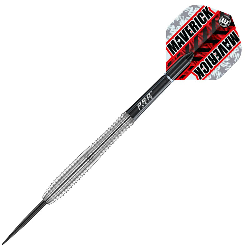 Full view tungsten dart with precision grooved barrel and Maverick flights, isolated on white background for darts enthusiasts.