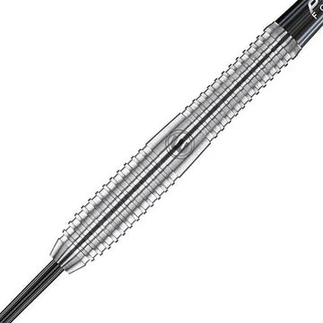 Close-up of tungsten dart barrel with precision grip rings and detailed knurled texture, isolated on white background