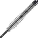 Close-up of tungsten dart barrel with precision grip rings and detailed knurled texture, isolated on white background