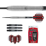Tungsten darts set with detailed barrel grip, extra shafts, spare flights, and retail packaging displayed top-down on white background