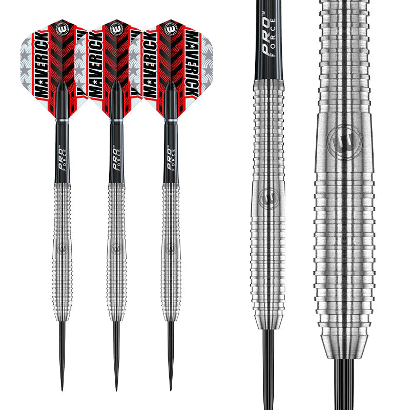 Three Maverick 80% tungsten steel-tip darts front view with red flights and a close-up barrel grip texture on white background