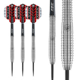 Three Maverick 80% tungsten steel-tip darts front view with red flights and a close-up barrel grip texture on white background