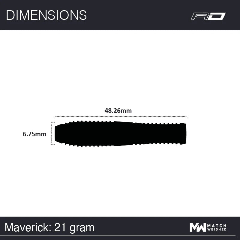 Top-down view of Maverick 21g tungsten dart barrel silhouette with 48.26mm length and 6.75mm diameter measurements