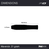 Top-down view of Maverick 21g tungsten dart barrel silhouette with 48.26mm length and 6.75mm diameter measurements