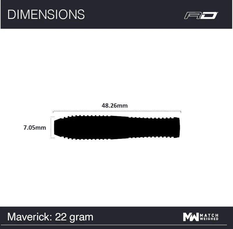 Top-down view of 22g tungsten dart barrel with dimensions 48.26mm length and 7.05mm diameter, technical scale reference for darts buyers