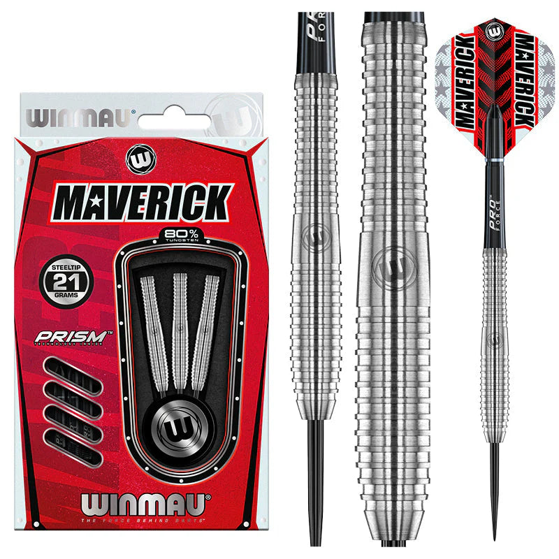 Steel tip tungsten darts set packaging with close-up on ringed grip barrel, full assembled dart, and bold Maverick flights.