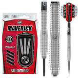Steel tip tungsten darts set packaging with close-up on ringed grip barrel, full assembled dart, and bold Maverick flights.