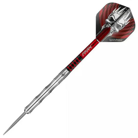 Full view tungsten dart isolated on white, featuring knurled grip, red Prism shaft, and skull graphic flight for professional dart players