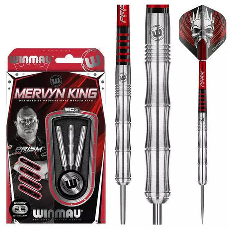 Mervyn King 90% tungsten darts set in retail packaging with detailed barrel grip, flights, and multiple dart views on white background