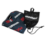 Microfibre hand towel for darts with included mesh pouch, displayed flat and isolated on white background