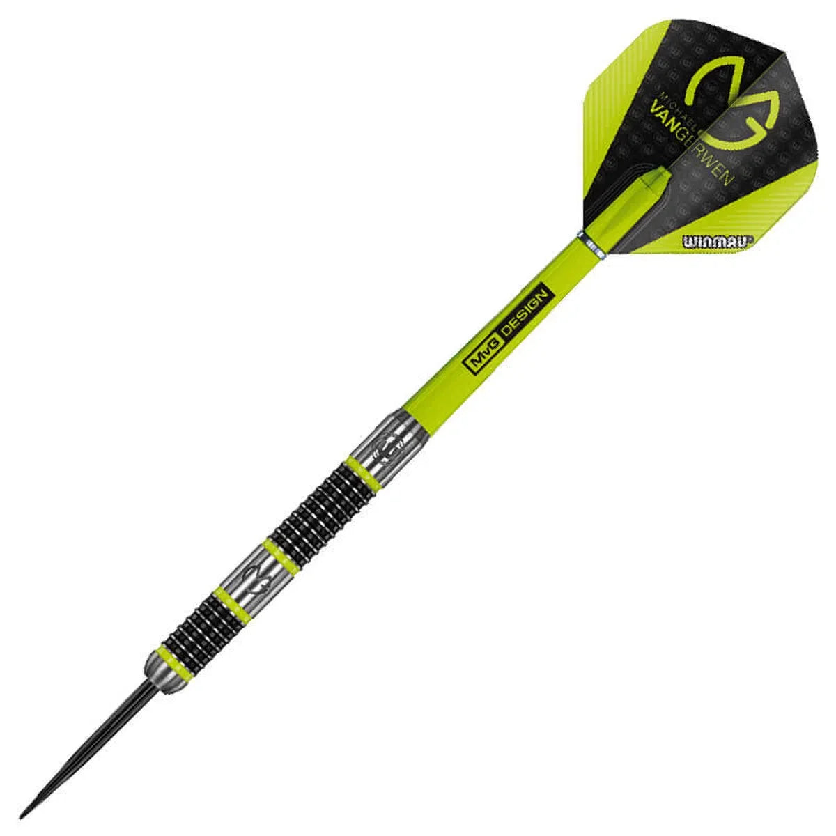 Full view tungsten dart with black ringed grip barrel, green shaft, and MVG signature flight, isolated on white background