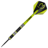Full view tungsten dart with black ringed grip barrel, green shaft, and MVG signature flight, isolated on white background