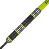 Macro close-up of tungsten dart barrel with precision grip rings, engraved logos, and bright yellow highlights, ideal for dart players