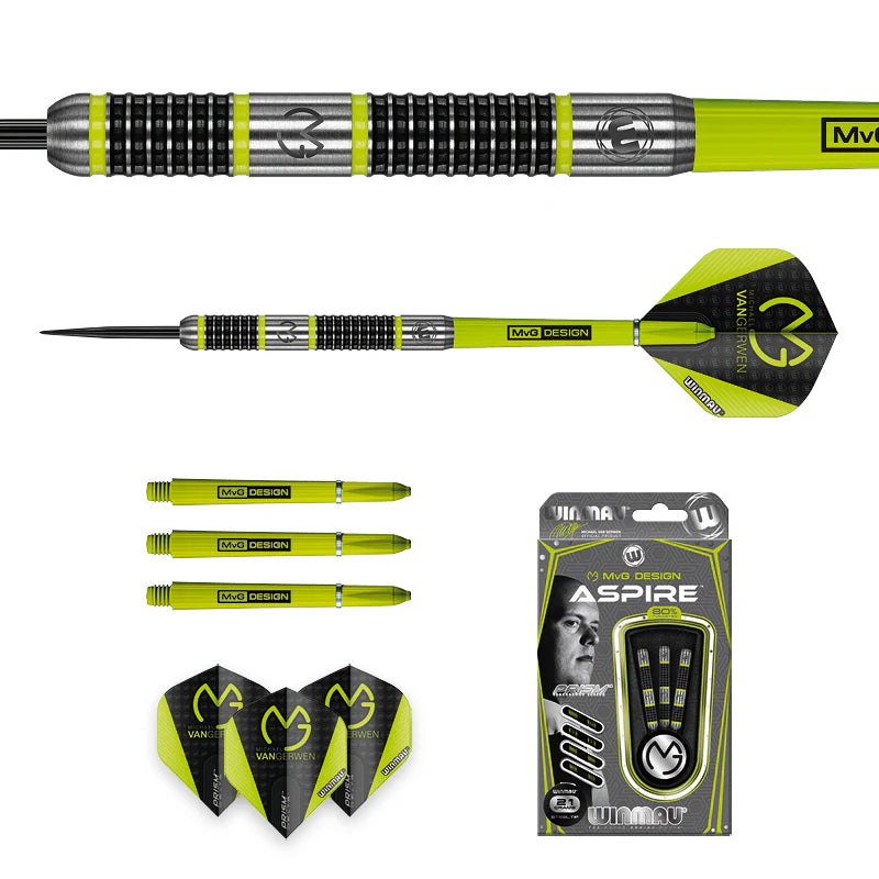 Composite display of Aspire 80 tungsten darts with close-up grip detail, full dart, extra shafts and flights, and retail box on white background