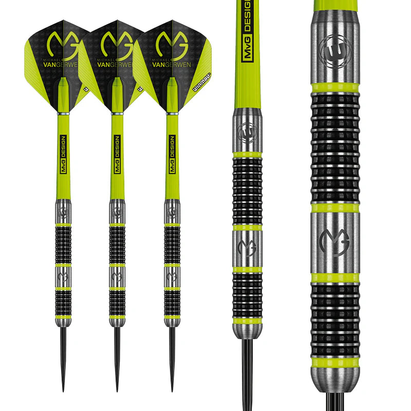 Set of three 80 percent tungsten darts with lime green flights shown in full view, plus close-up of grip rings and barrel logo detail