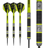 Set of three 80 percent tungsten darts with lime green flights shown in full view, plus close-up of grip rings and barrel logo detail