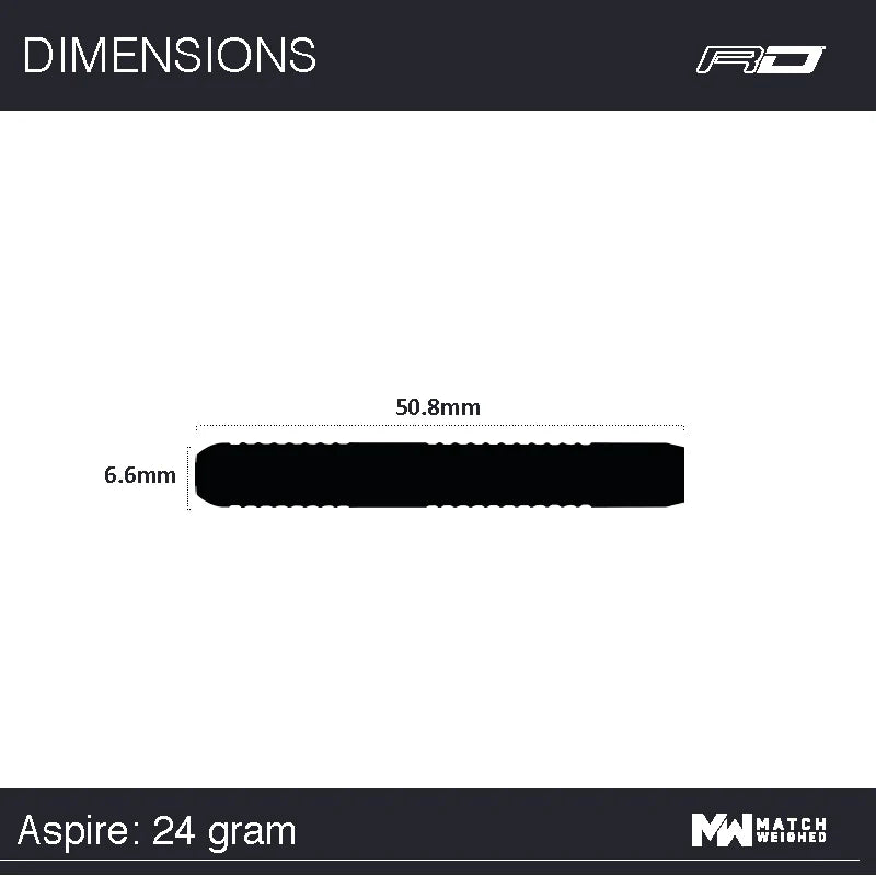 24g dart barrel dimensions top-down view, 50.8mm length, 6.6mm diameter, technical scale reference for tungsten dart buyers