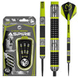 MVG Aspire 80 tungsten darts set showing retail packaging, close-up barrel grip texture, and yellow-black flight design on white background