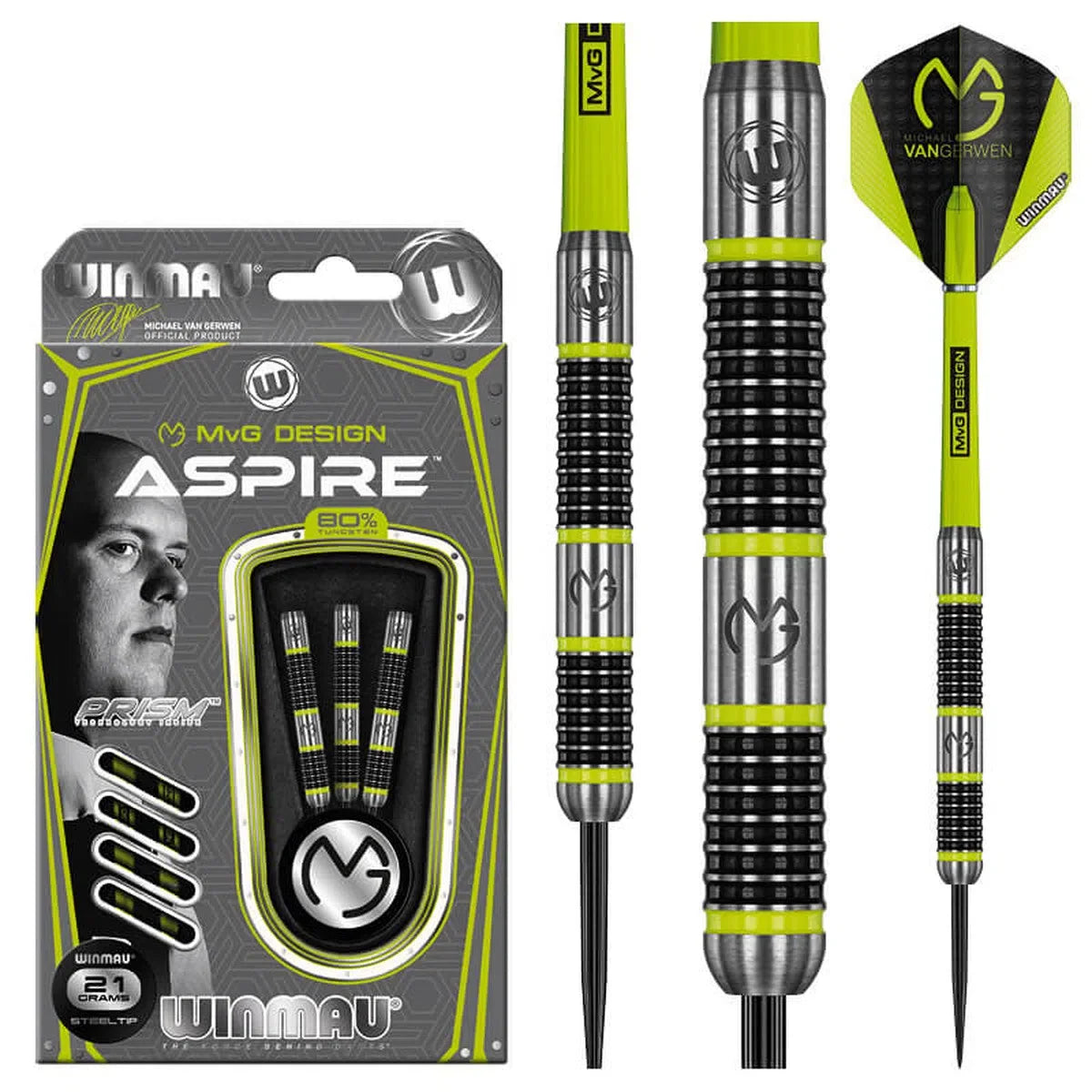 MVG Aspire 80 tungsten darts set showing retail packaging, close-up barrel grip texture, and yellow-black flight design on white background