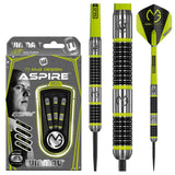 MVG Aspire 80 tungsten darts set showing retail packaging, close-up barrel grip texture, and yellow-black flight design on white background