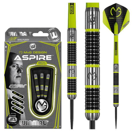 MVG Aspire 80 tungsten darts set showing retail packaging, close-up barrel grip texture, and yellow-black flight design on white background
