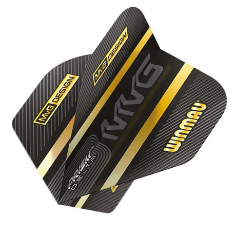 angled close-up of two MVG Black & Gold Prism Delta No.2 dart flights with metallic detailing, isolated on white background