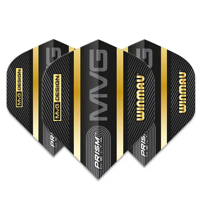 Three MVG Black & Gold Prism Delta No.2 dart flights fanned on white background, showcasing premium 100 micron material and bold graphics